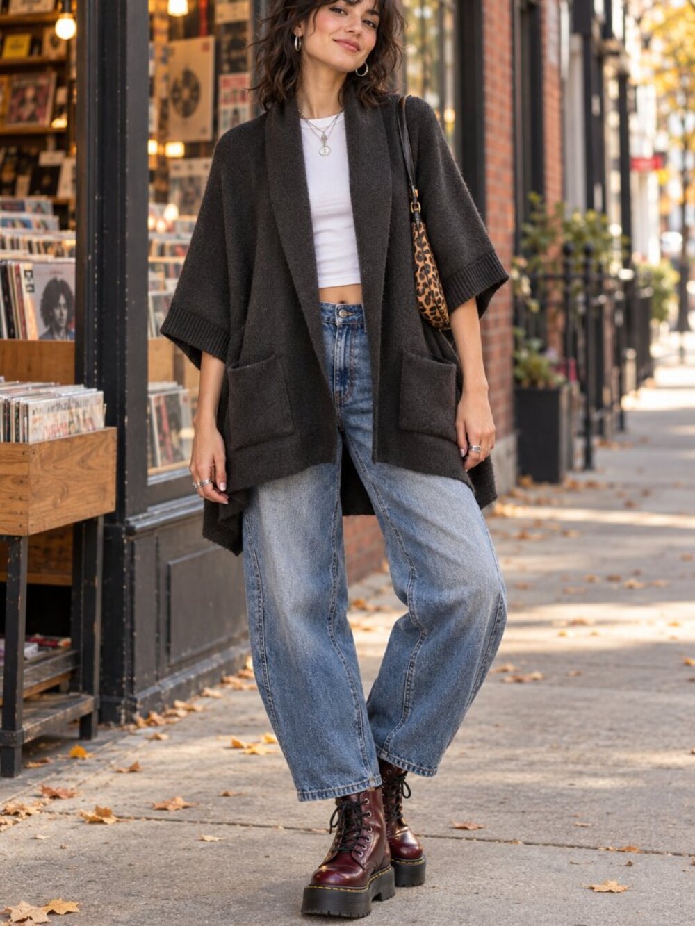 Anthropologie Charcoal Open Front Poncho Cardigan Sweater Pockets One Size